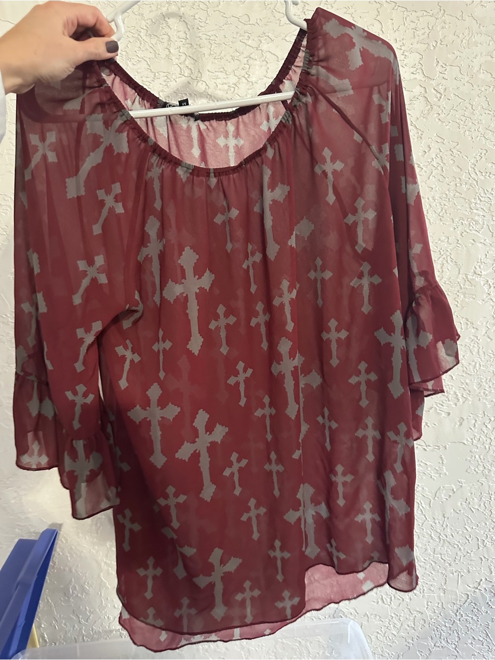Womens Sheer Burgundy Cross-Print Blouse